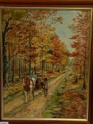 Framed oil painting of a Skewbald pony in a Governess Cart