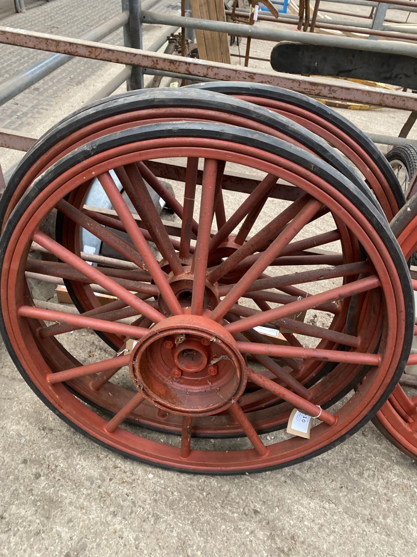 Set of 4 x 31ins steel carriage wheels with rubber tyres