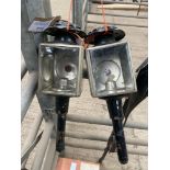Pair of black/whitemetal square fronted carriage lamps with pie crust tops.
