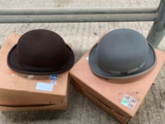 2 bowler hats size 7.5ins (61) by Moss Bros., of Covent Garden - 1 dark brown, 1 grey.