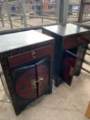 Oriental style pair of bedside cabinets