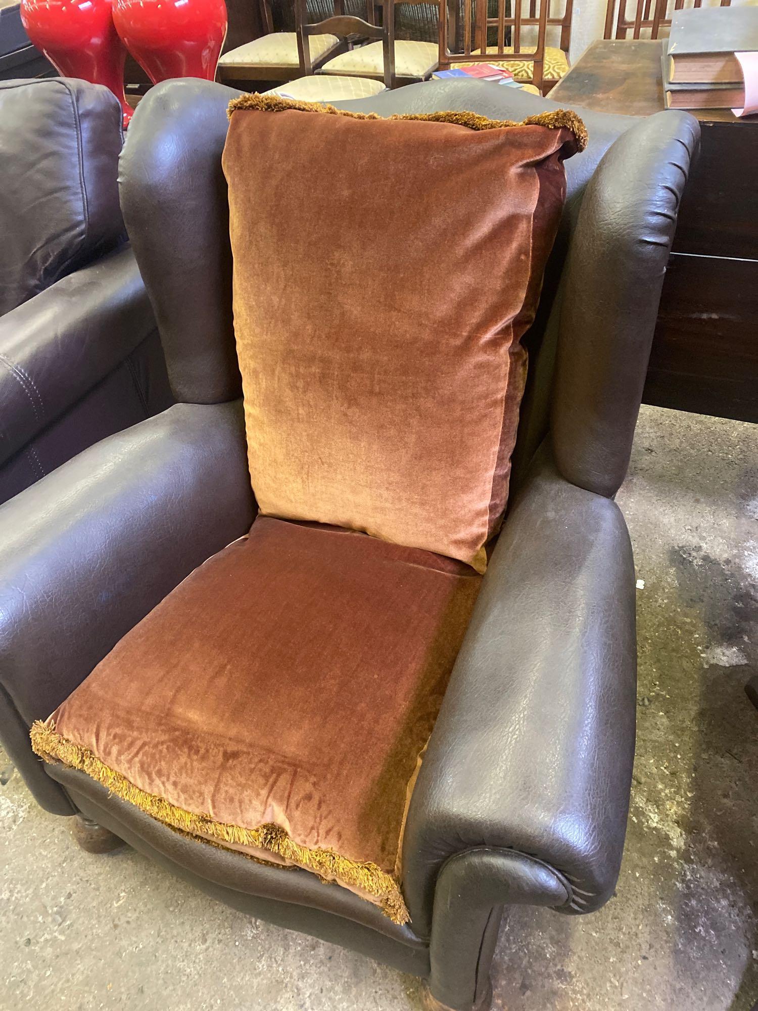 Dark brown faux leather deep wingback armchair - Image 2 of 3