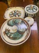 Three pieces of Aldermaston Pottery and 4 Royal Worcester plates