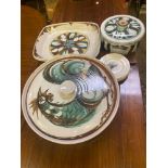 Three pieces of Aldermaston Pottery and 4 Royal Worcester plates