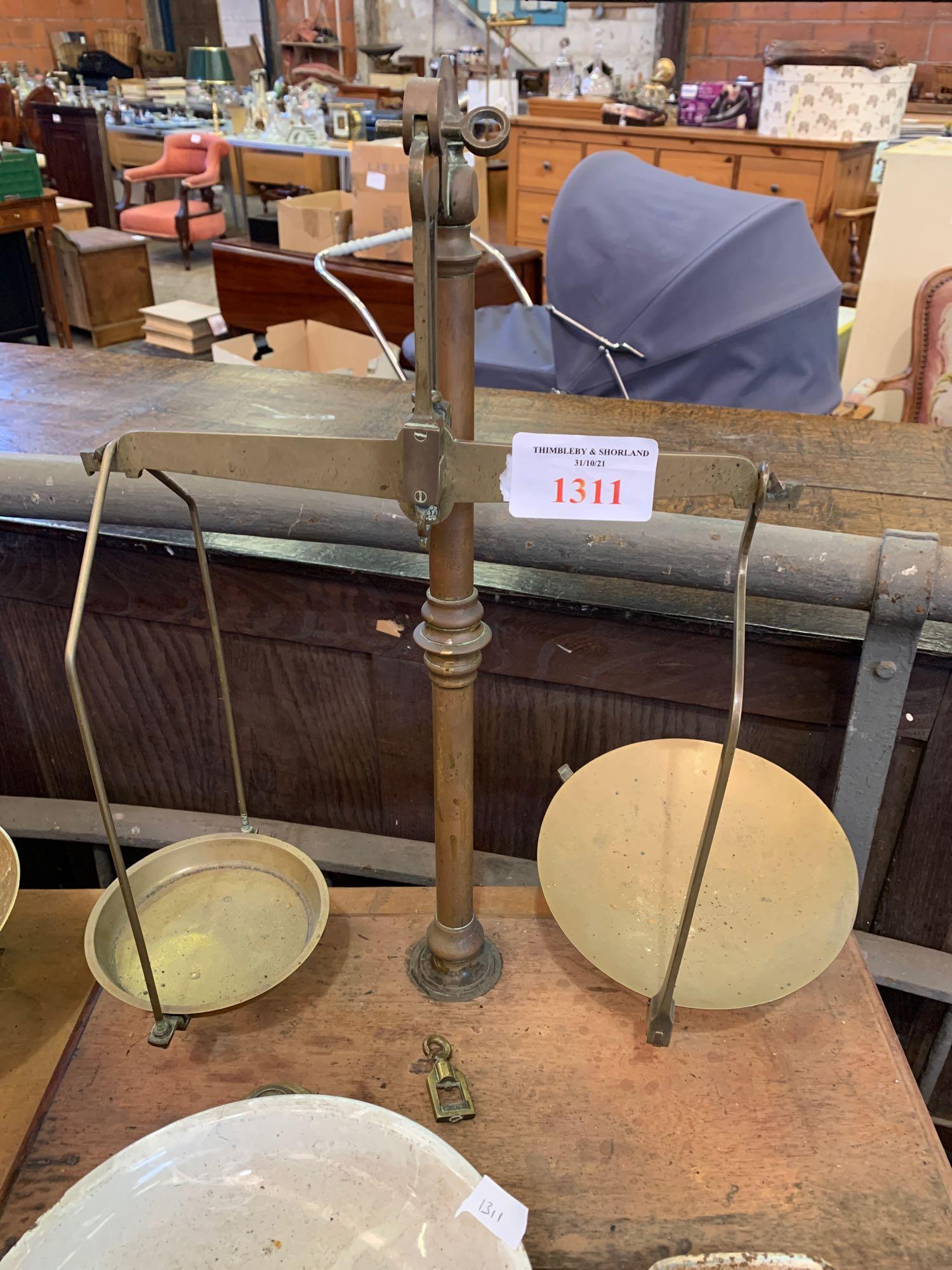 Set of brass balance scales on mahogany stand; together with a set of Weylux kitchen scales - Image 3 of 3