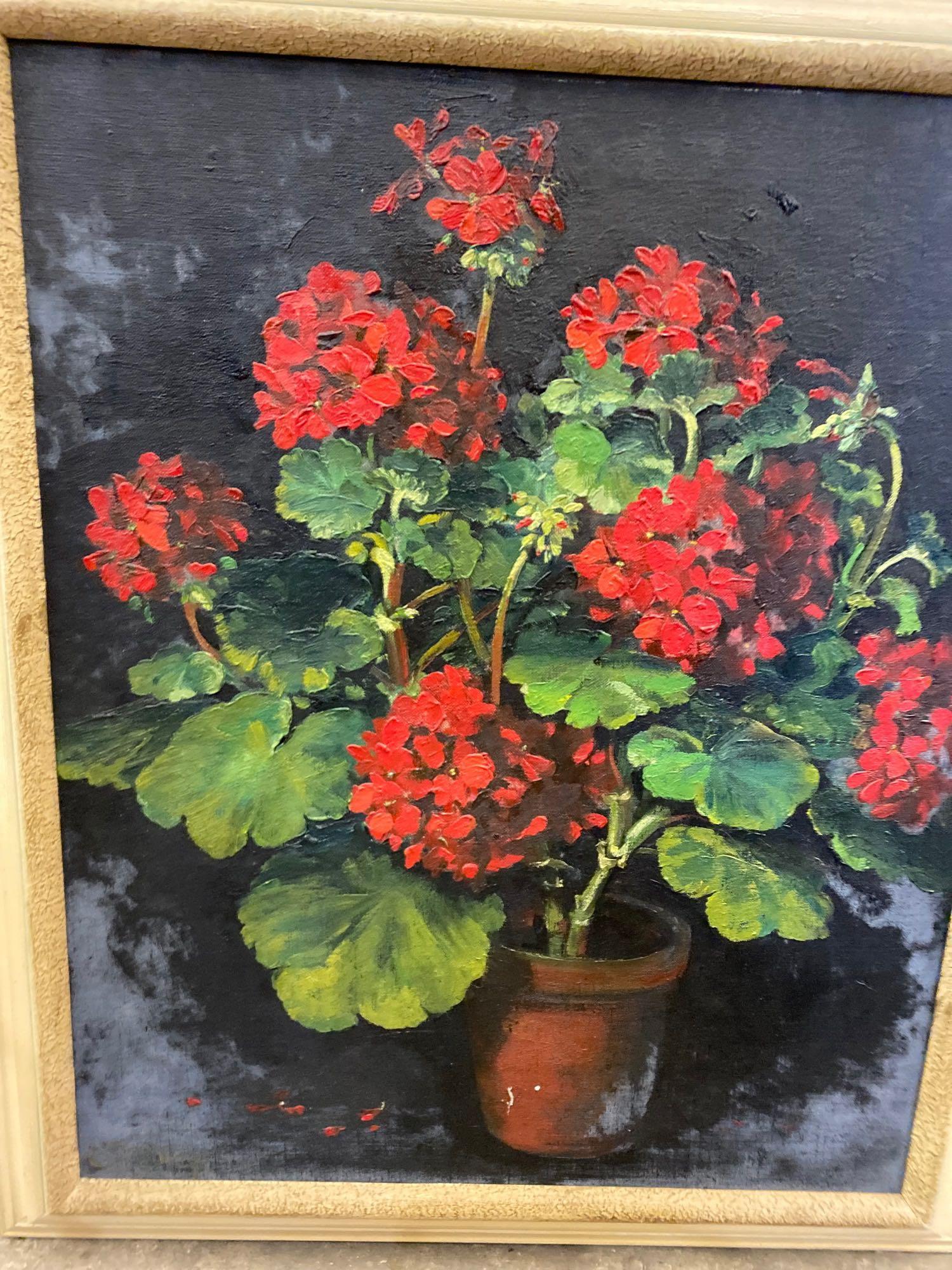 Oil on canvas of geraniums, together with a print of a Middle Eastern river scene - Image 6 of 6