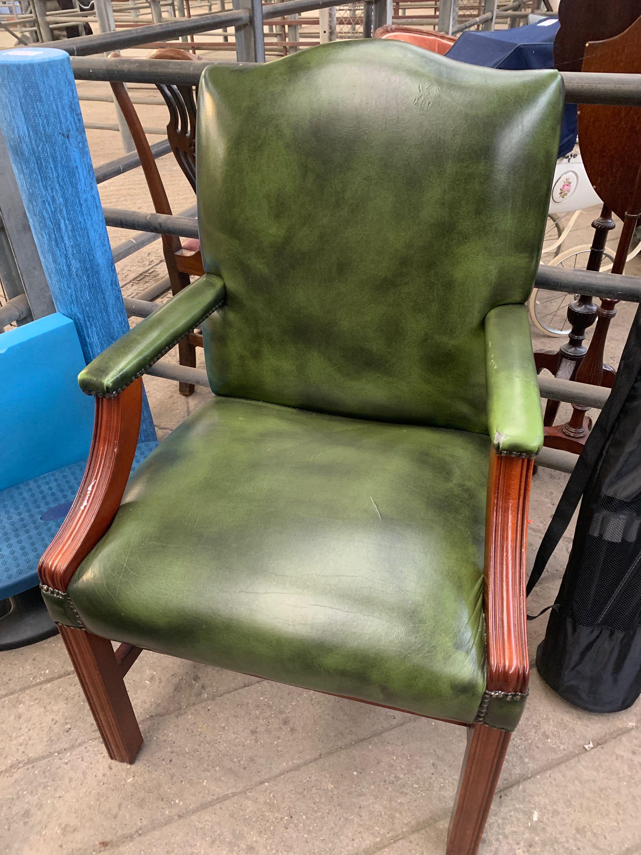 Green leather effect open armchair - Image 4 of 5