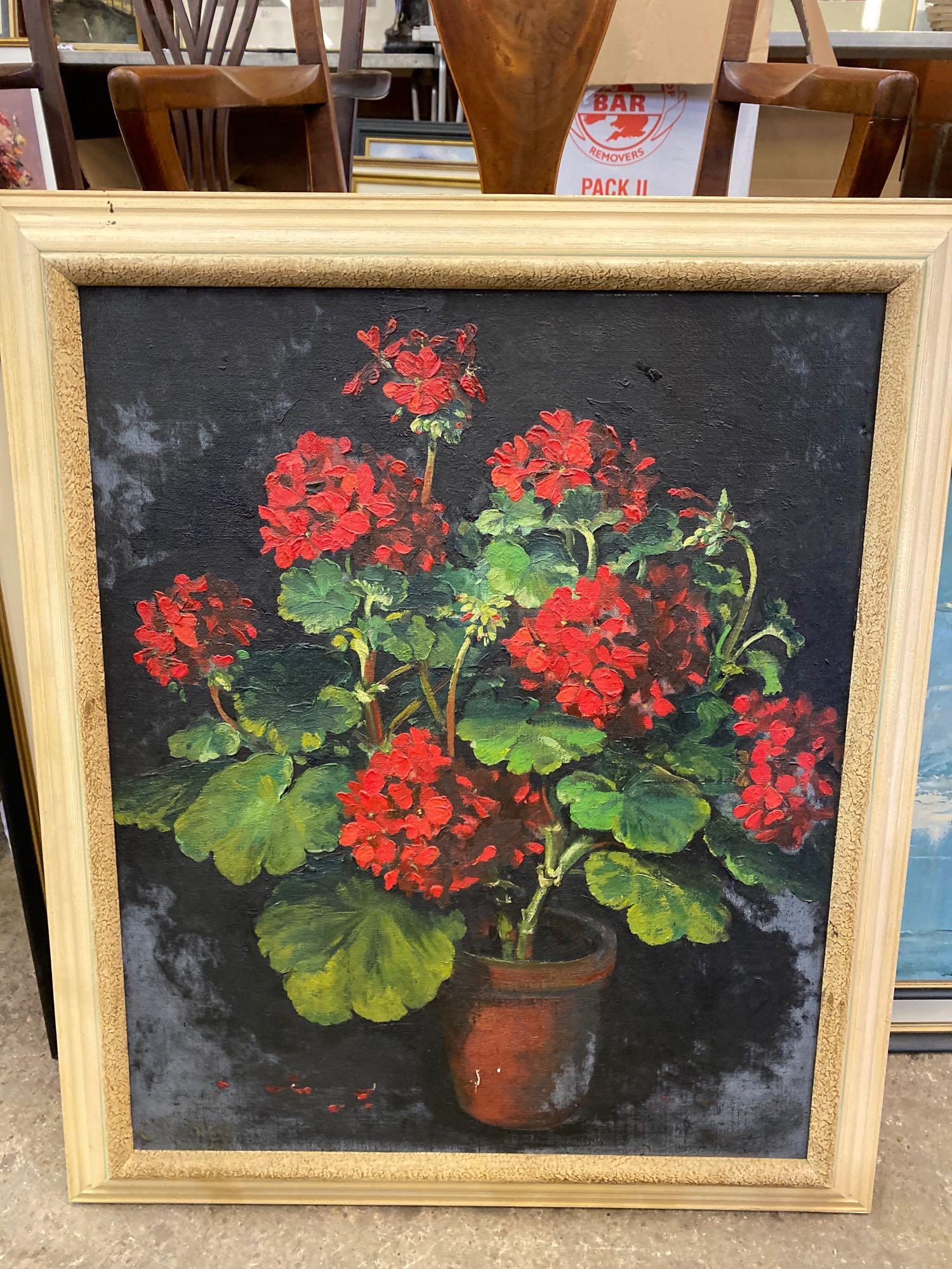 Oil on canvas of geraniums, together with a print of a Middle Eastern river scene