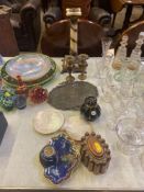 An onyx table lamp, a Victorian copper jelly mould and other items