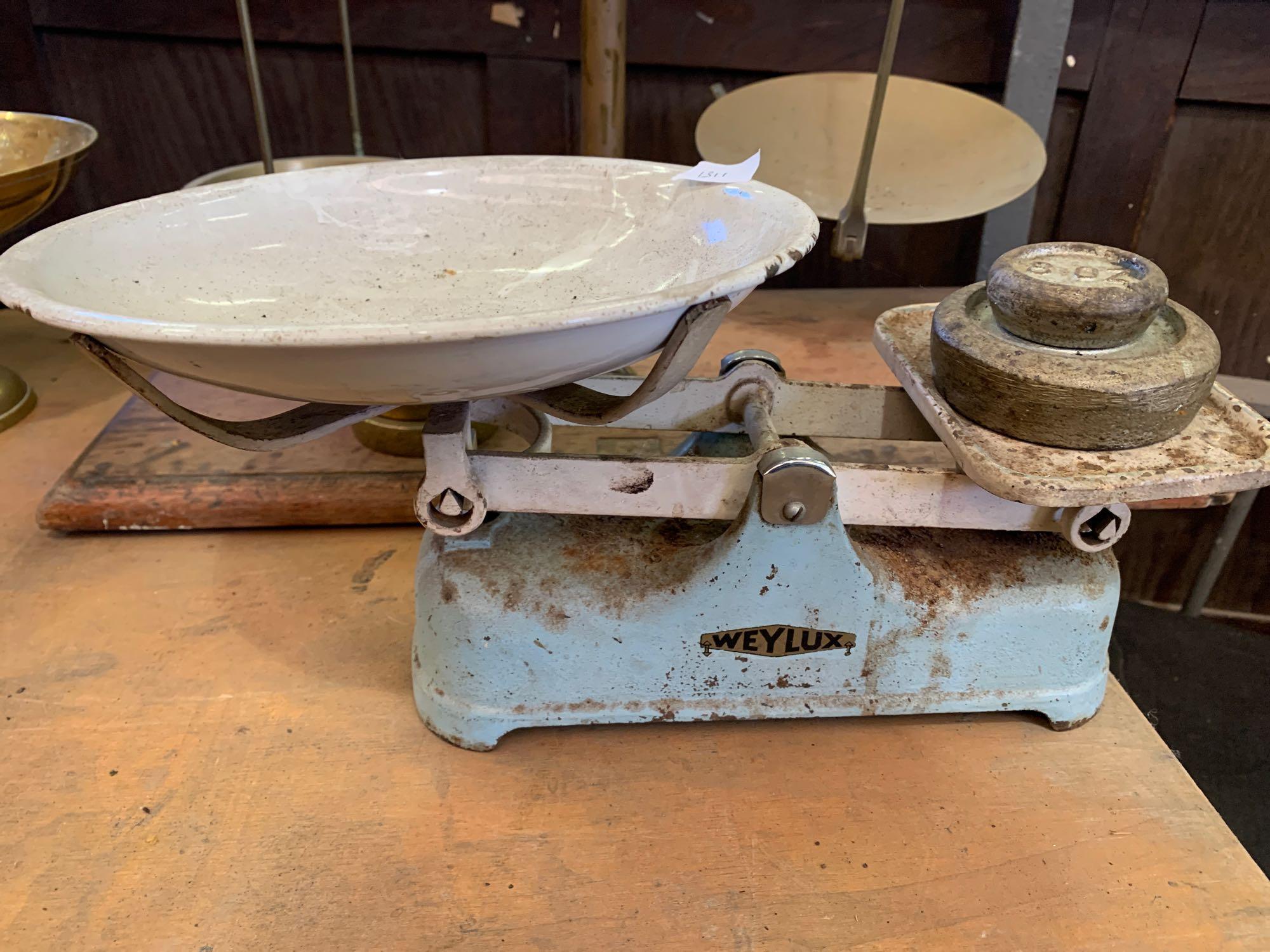 Set of brass balance scales on mahogany stand; together with a set of Weylux kitchen scales - Image 2 of 3