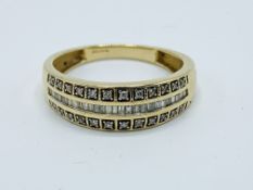 9ct gold ring set with 3 rows of diamonds