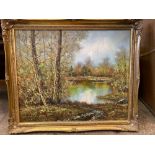 Oil on canvas of a woodland lake