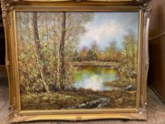 Oil on canvas of a woodland lake