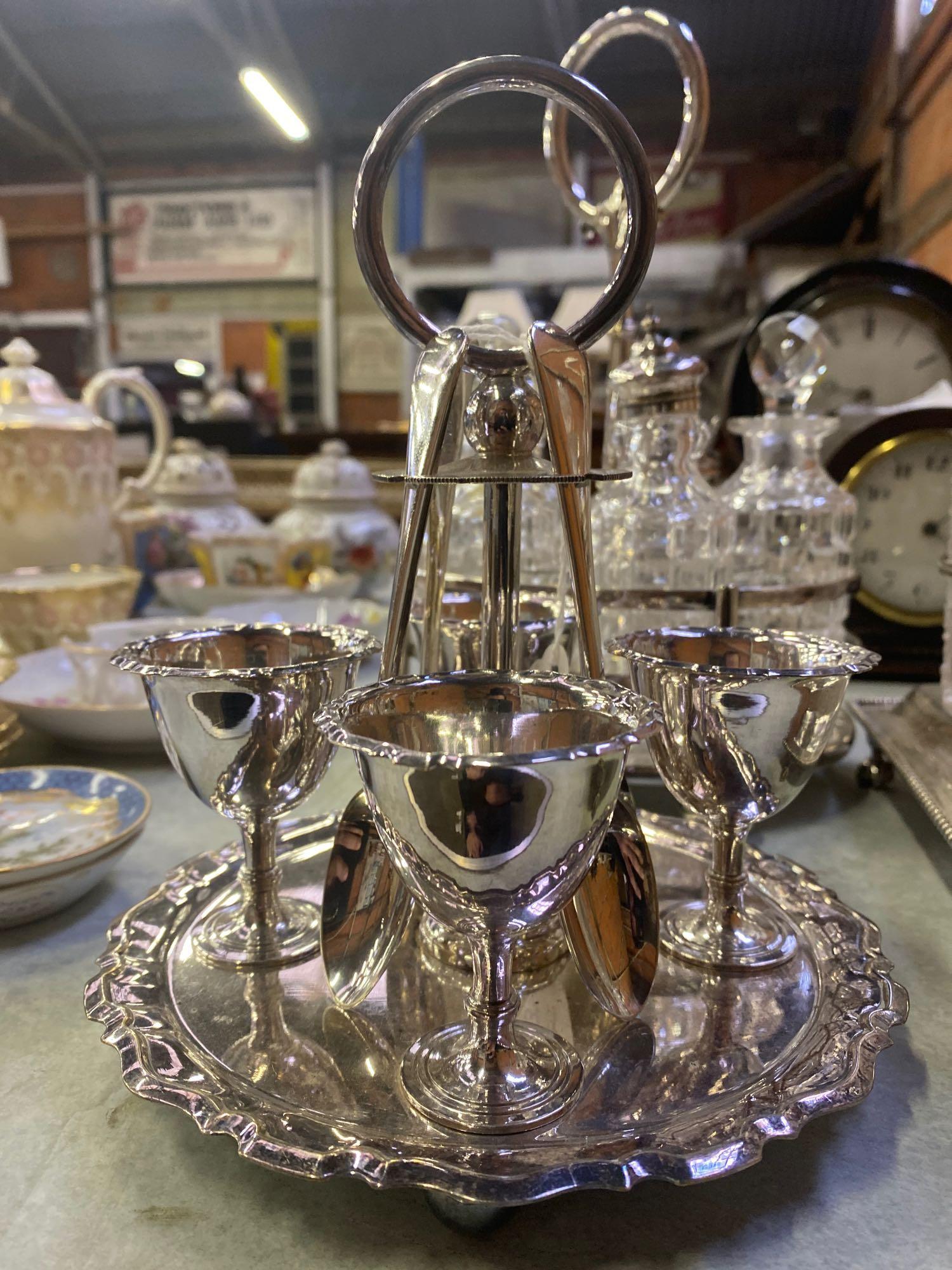 Three silverplate cruets and a silverplate egg stand - Image 2 of 6