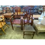 Two arts and crafts style hall chairs, together with a mahogany dining chair