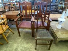 Two arts and crafts style hall chairs, together with a mahogany dining chair