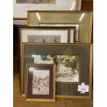 Two framed and glazed watercolours, plus four prints