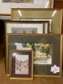 Two framed and glazed watercolours, plus four prints