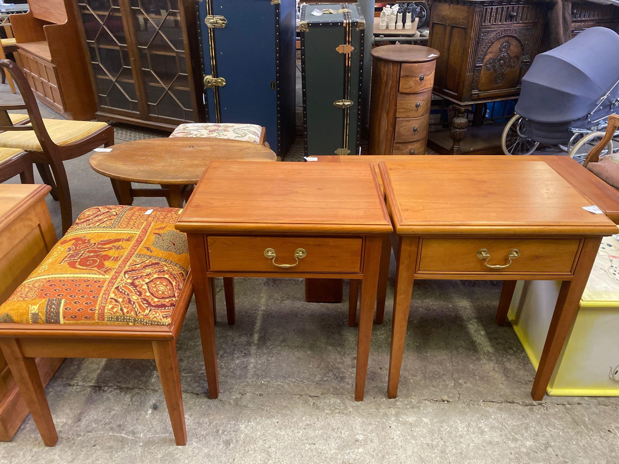Pair of wood veneer side tables and upholstered veneer stool