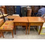 Pair of wood veneer side tables and upholstered veneer stool