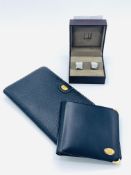 A pair of Dunhill cufflinks and two Dunhill black leather wallets