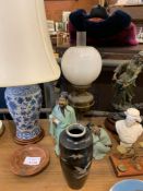 Blue and white table lamp; together with an oil filled lamp and other items