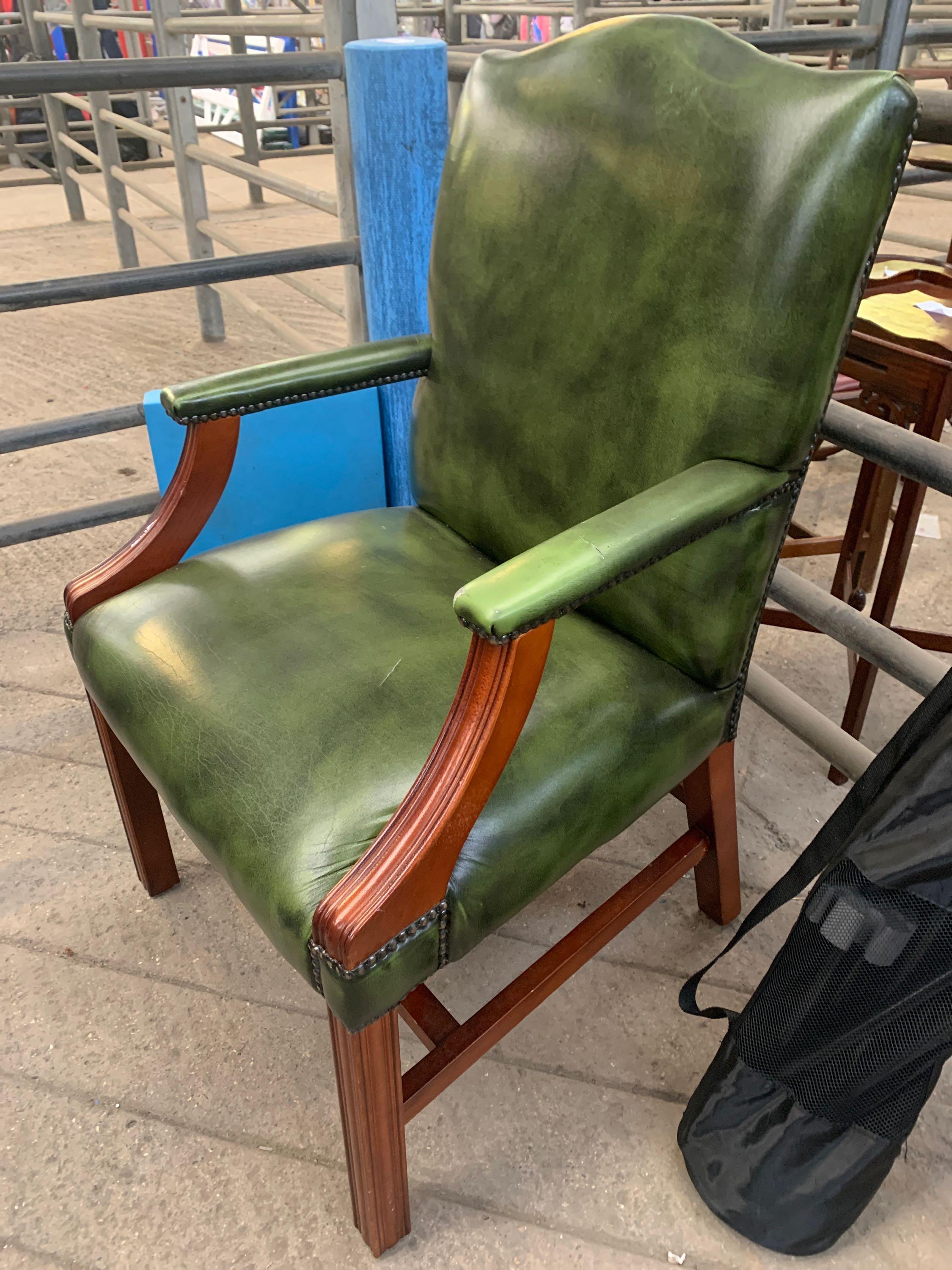 Green leather effect open armchair - Image 2 of 5