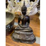 Oriental brass bowl together with a resin figurine