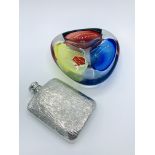 A pewter hip flask with coloured glass trefoil bowl
