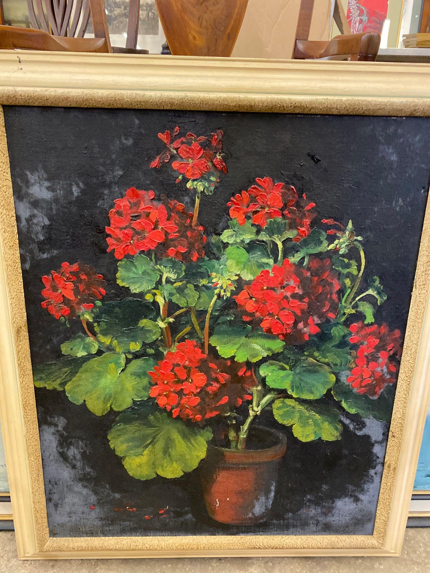 Oil on canvas of geraniums, together with a print of a Middle Eastern river scene - Image 5 of 6