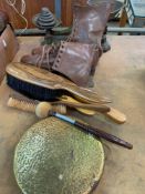 Set of Avery weighing scales, leather ice skates and other items