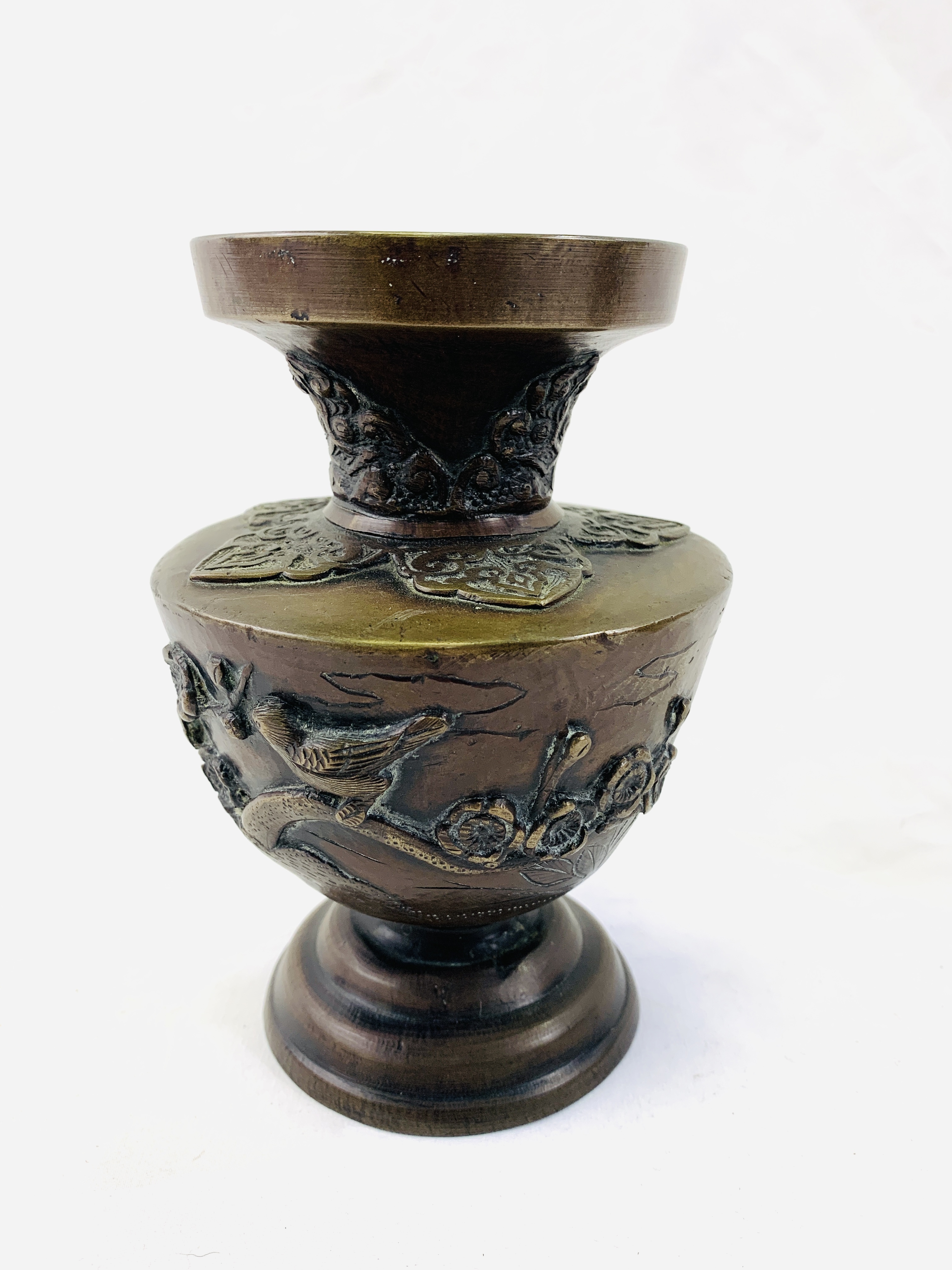 A Meiji period vase together with two other metal vases - Image 5 of 7