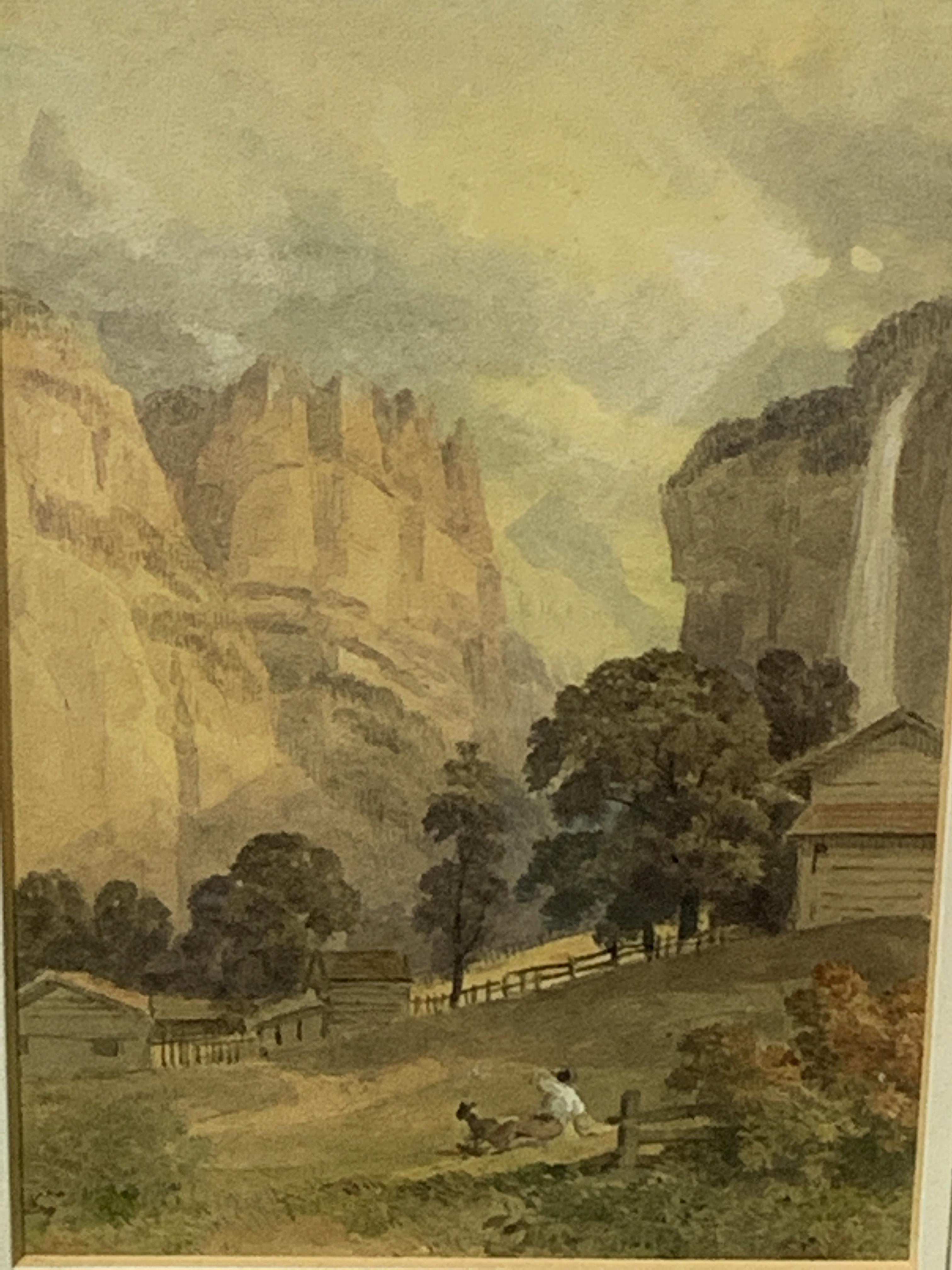 Watercolour 'Lauterbrunnen "Falls of ye Stanbach"; and a watercolour of a lake scene - Image 7 of 7
