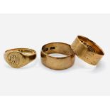 Two 9ct gold bands and a 9ct gold signet ring