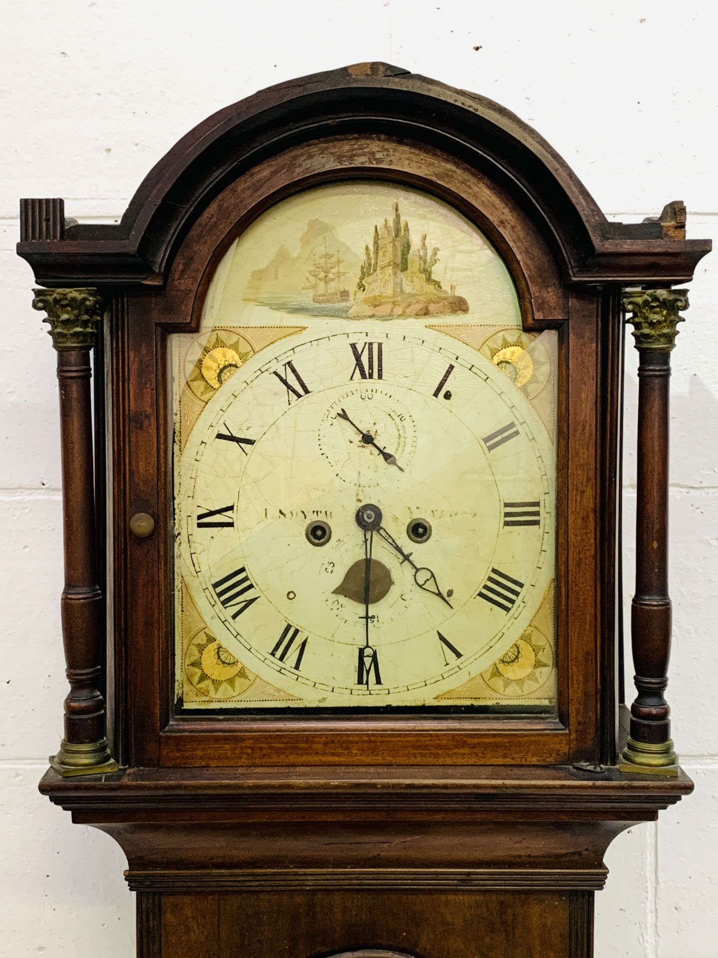 Mahogany long case clock with painted face faintly written L. Smyth, Wexford (?), - Image 3 of 8