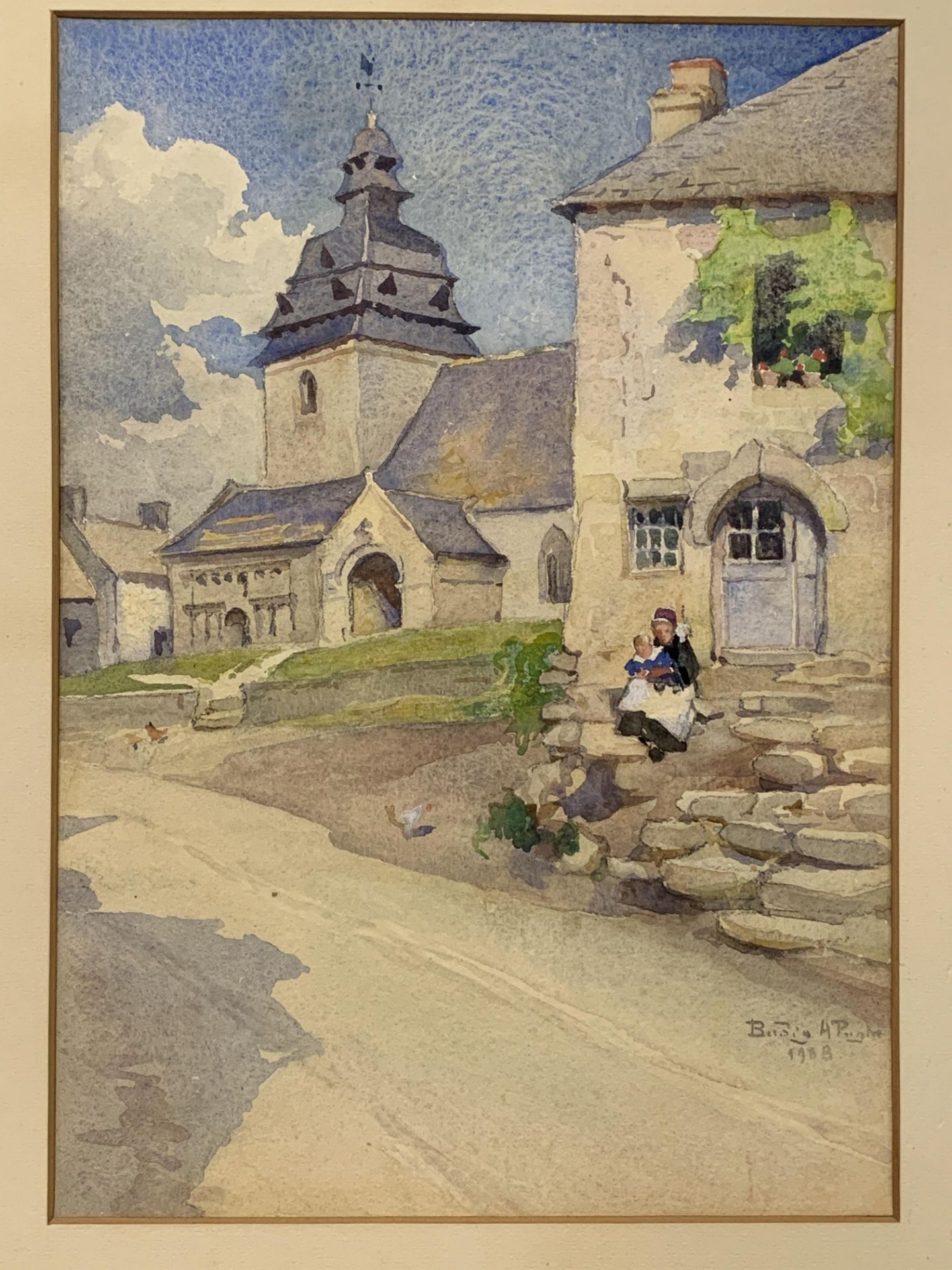 Watercolour on card of a mother and child on steps of a building, signed and dated