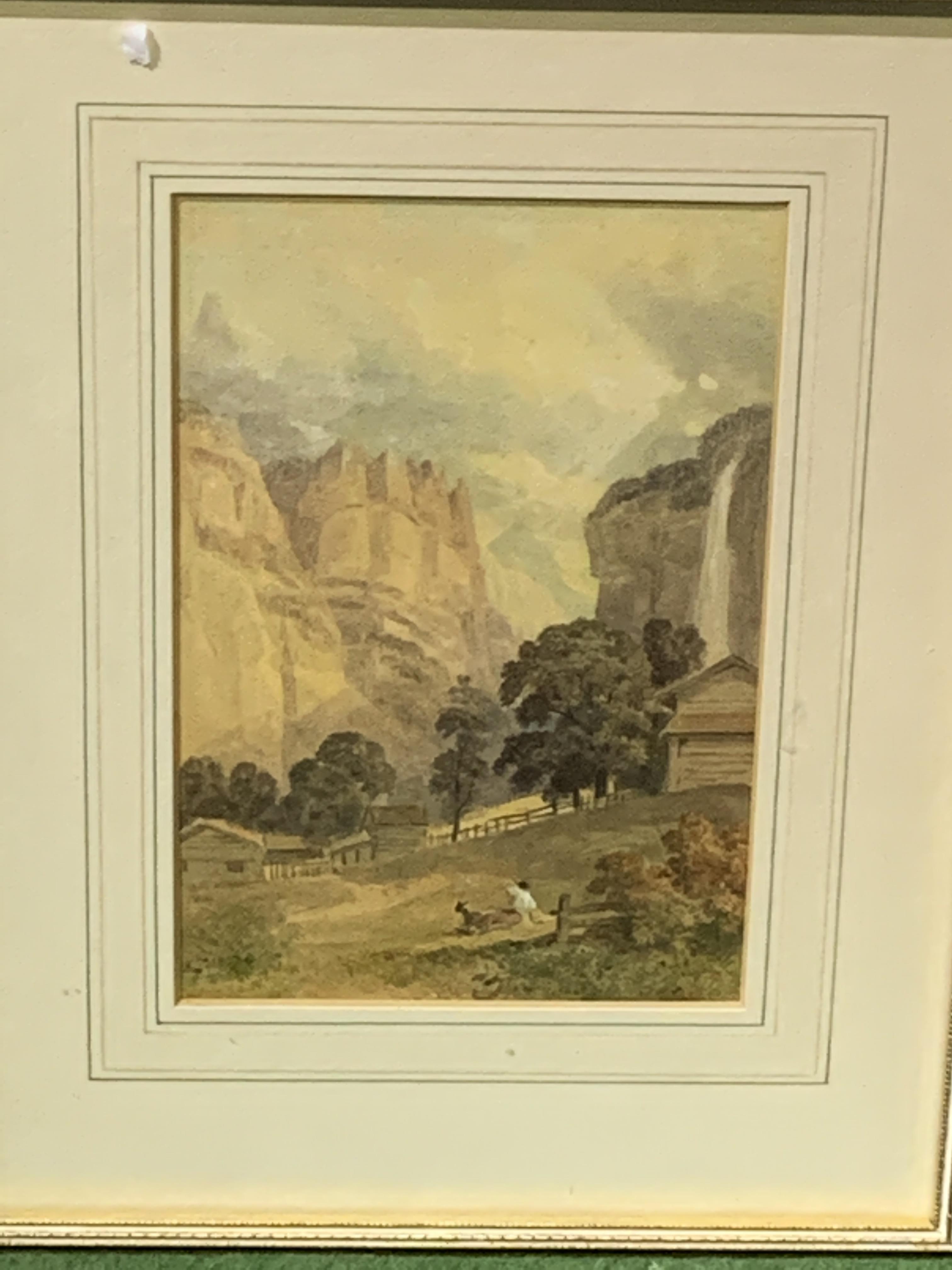 Watercolour 'Lauterbrunnen "Falls of ye Stanbach"; and a watercolour of a lake scene - Image 5 of 7