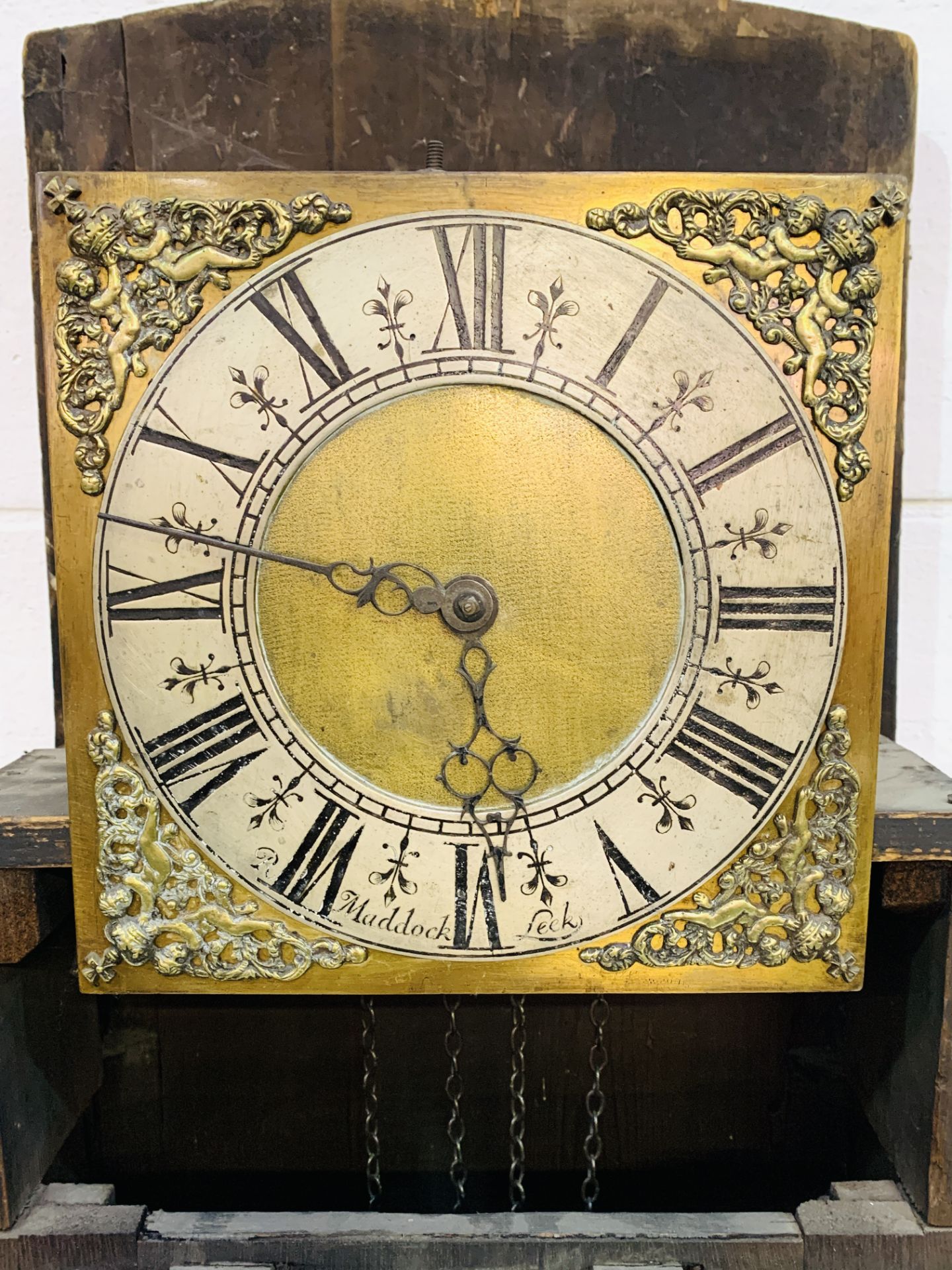 Early to mid-eighteenth century mahogany long case clock with brass face engraved R Maddock, Leek, - Image 7 of 8