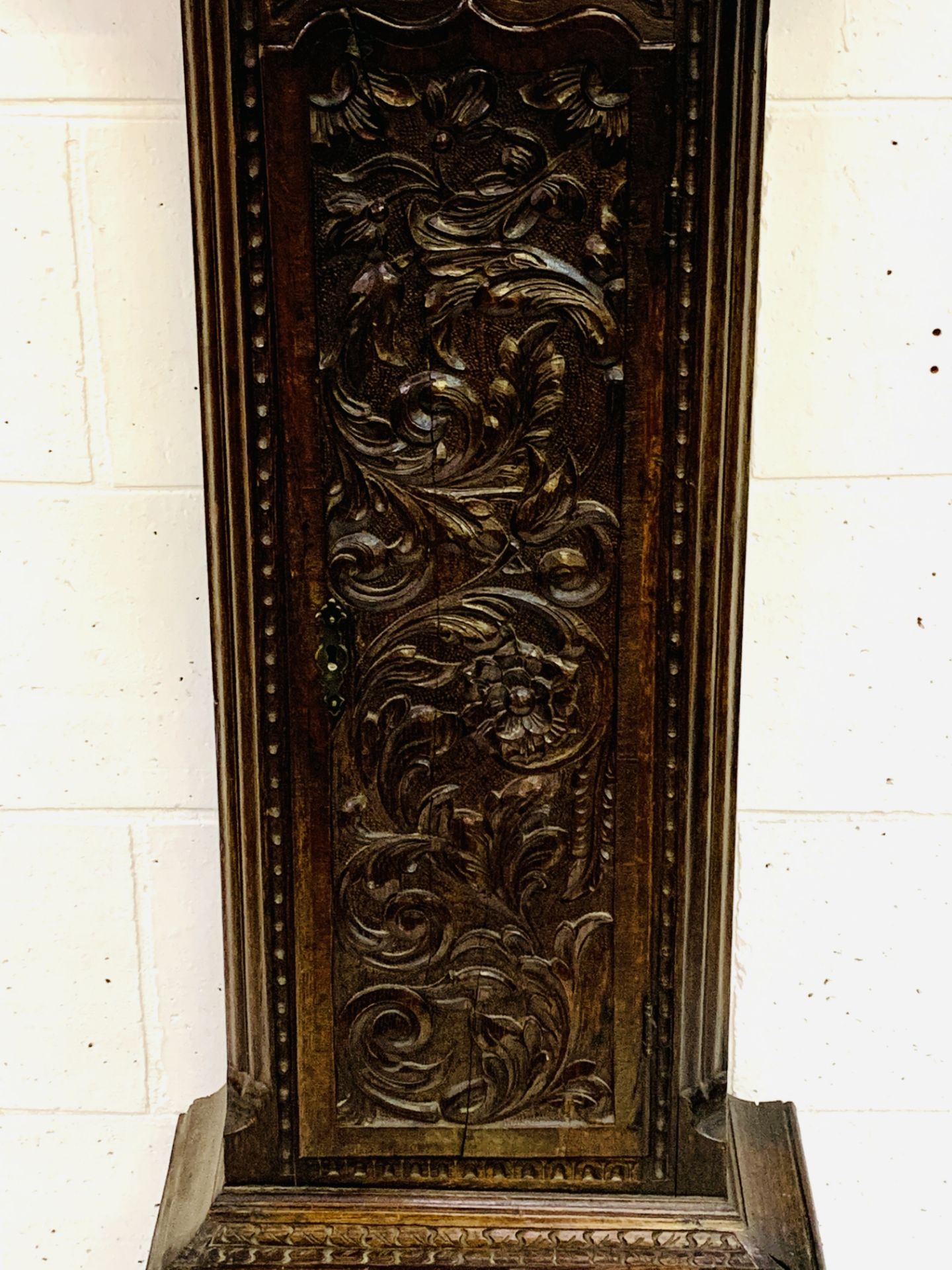 Carved oak longcase clock, the brass face written Massey, Newcastle - Image 5 of 7