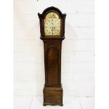 Mahogany long case clock with painted face faintly written L. Smyth, Wexford (?),
