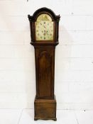 Mahogany long case clock with painted face faintly written L. Smyth, Wexford (?),