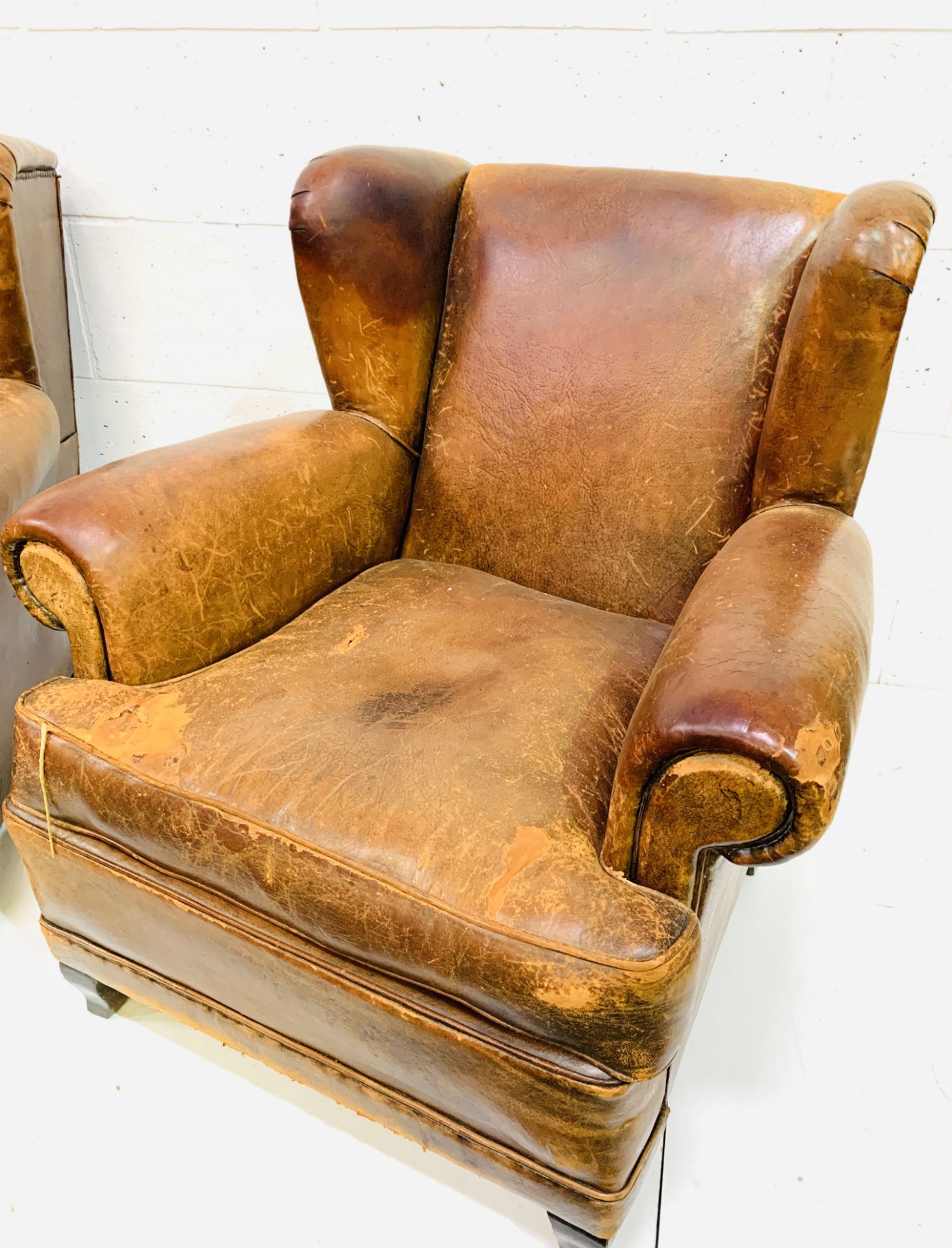 A pair of French brown leather wing back armchairs - Image 2 of 5