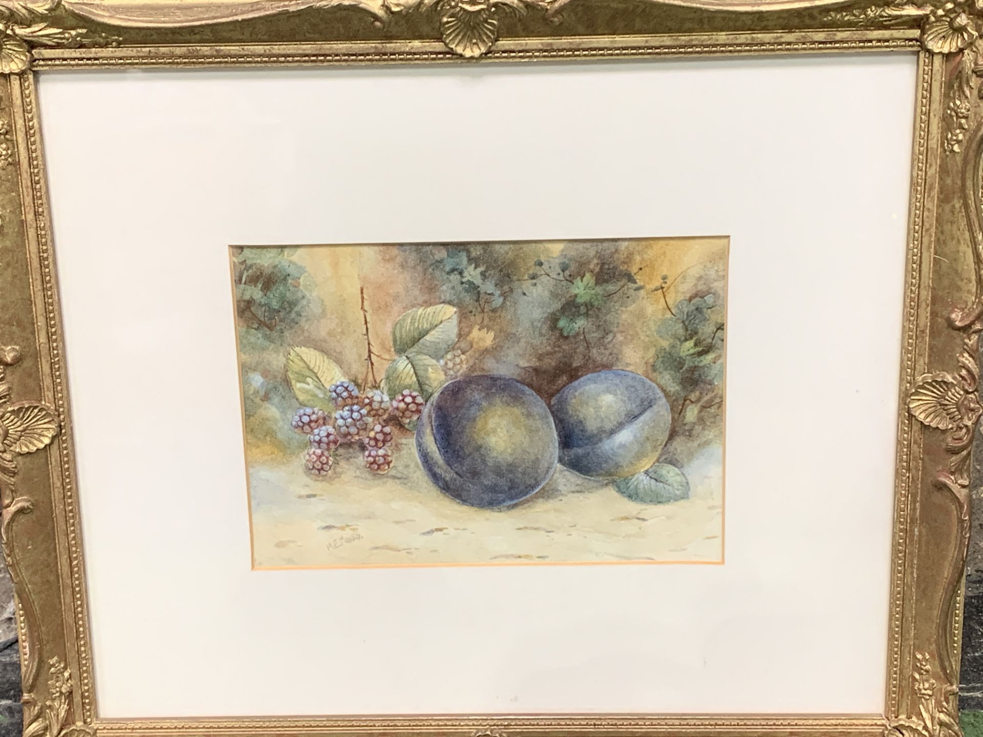 Pair of framed and glazed watercolours of still life fruit, signed M E Morris