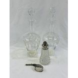 A pair of cut glass decanters and other items