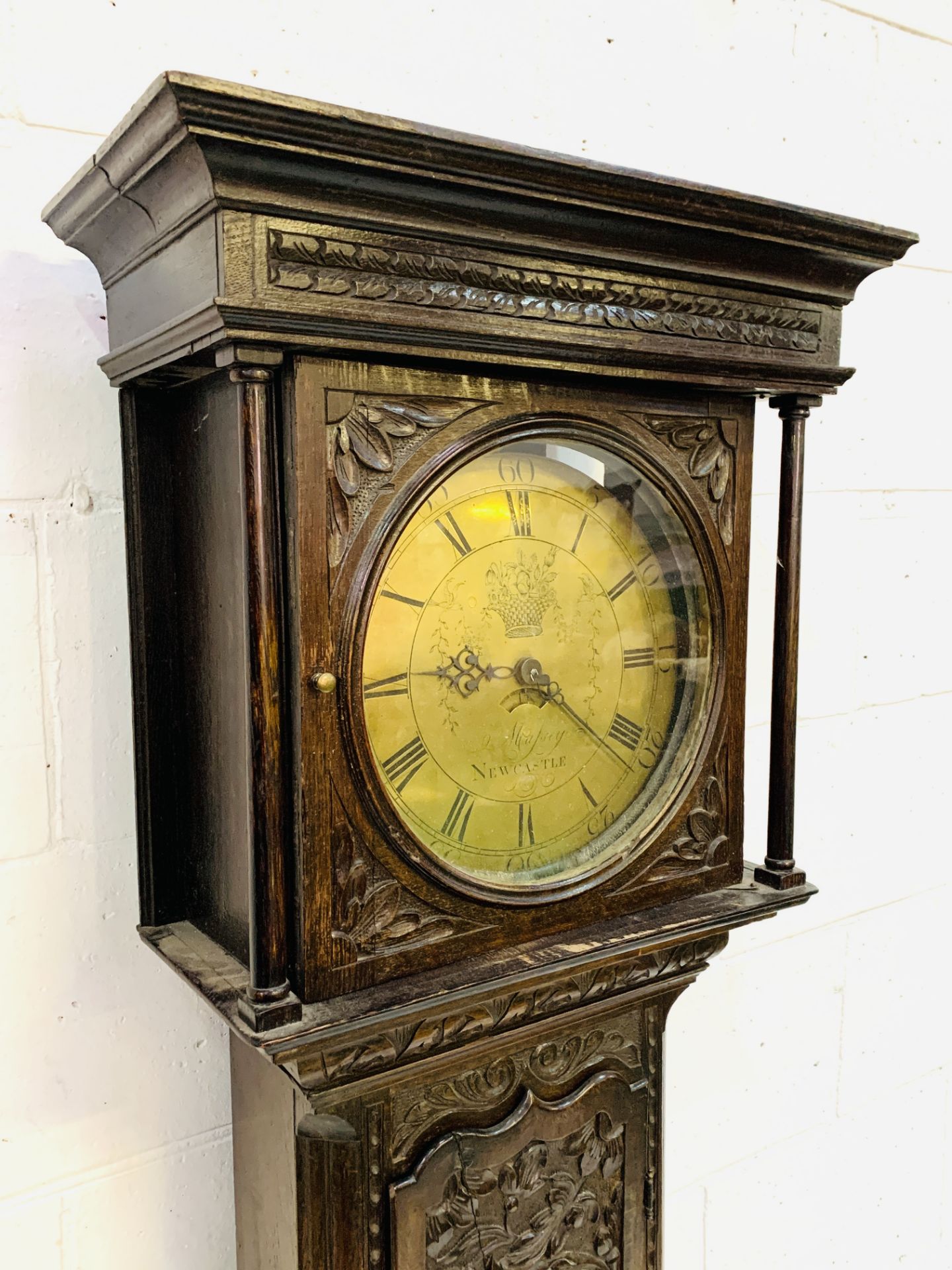 Carved oak longcase clock, the brass face written Massey, Newcastle - Image 2 of 7