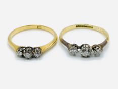Two 18ct gold and 3 diamond rings