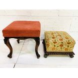 Carved mahogany footstool together with an upholstered footstool