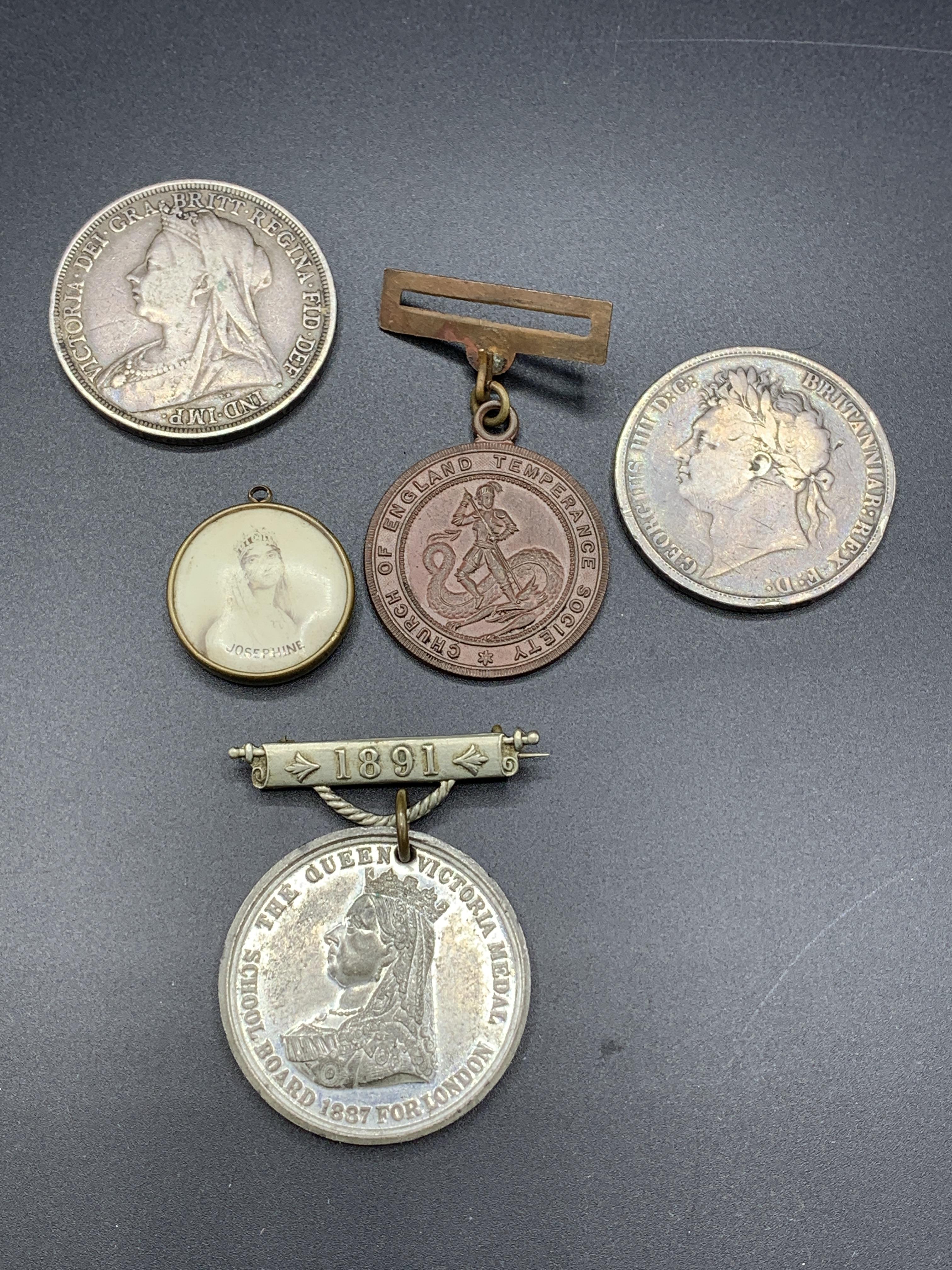 1821 Crown coin, an 1897 Crown coin, and 2 medals