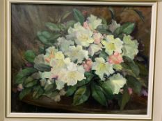 Framed oil on canvas still life flowers