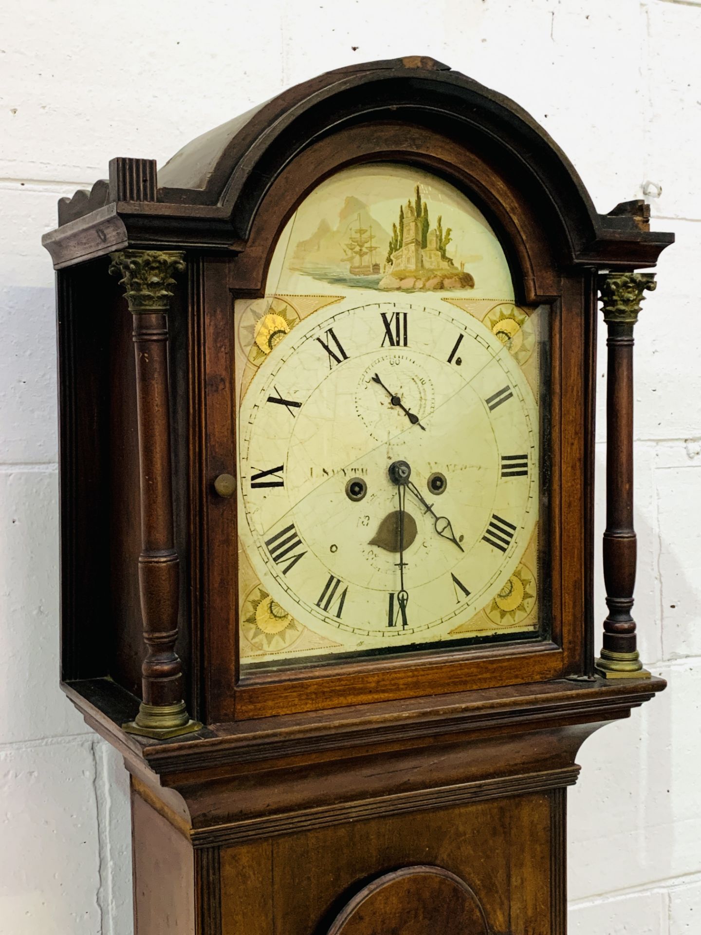 Mahogany long case clock with painted face faintly written L. Smyth, Wexford (?), - Image 4 of 8